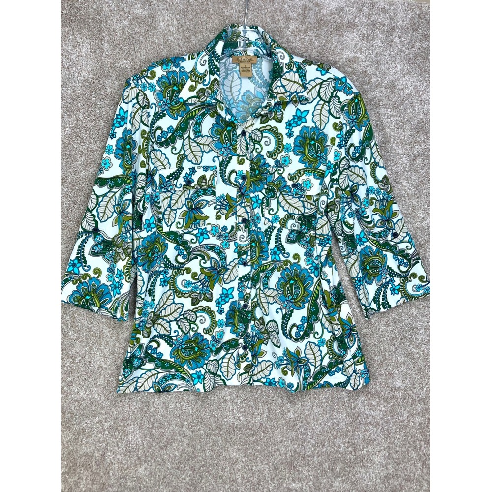 Peck & Peck Paisley Floral Button Up Shirt Women L Blue Green Summer Career Chic